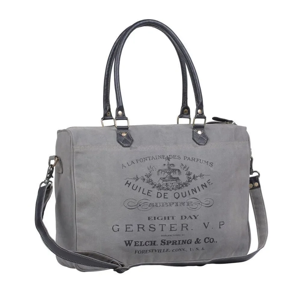 Myra Bag Handmade Gray Messenger Bag Upcycled Canvas & Cowhide Leather